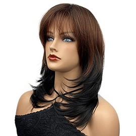 Wiginway Peluca de mujer con capas de longitud media marrón rojizo yaki recta peluca con flequillo ajustable casquillo peluca sintética pelo