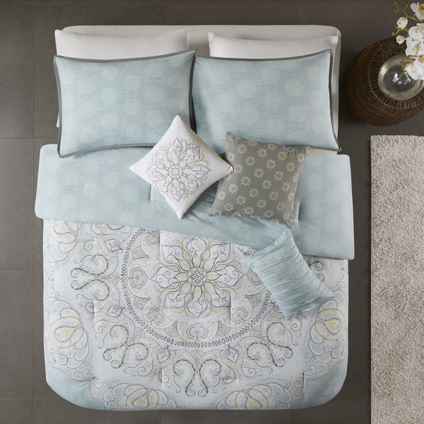 Madison Park Reversible 100% Cotton Comforter Season Set, Matching Bed Skirt, Decorative Pillows, Queen(90"x90"), Lucinda, Medallion Seafoam 7 Piece