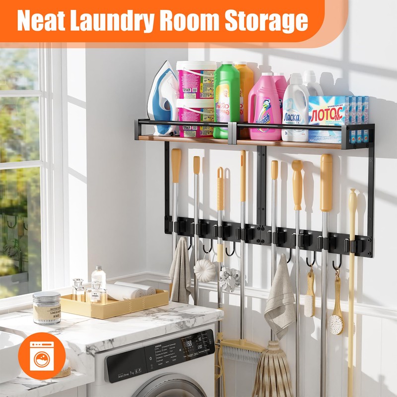 FLOUREE Broom Holder Wall Mount with Shelf, 15.7" Wx6.7 Dx15.7