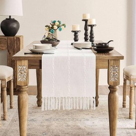 ZeeMart Farmhouse Table Runner, Rustic Table Runners 108 Inches Long, Linen Boho Table Runner, Braided Striped White Table Runner for Dining Party Holiday, 15x108 Inches, Braided Off White