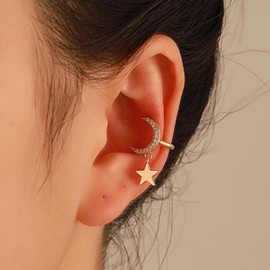 Yienate Crystal Star Moon Ear Clips Earring Single Gold Crescent Moon Cuff Wrap Earring Statement Star Non Piercing Cartilage Clip on Earring Rhinestone Moon Crawler Earrings Jewelry for Women Girls
