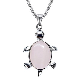 Guilani Stylish Natural Gemstones Turtle Necklace: Handmade Silver-plated Pendant with Natural Gemstones Ensuring Beauty and Healing Benefits (Rose Quartz)