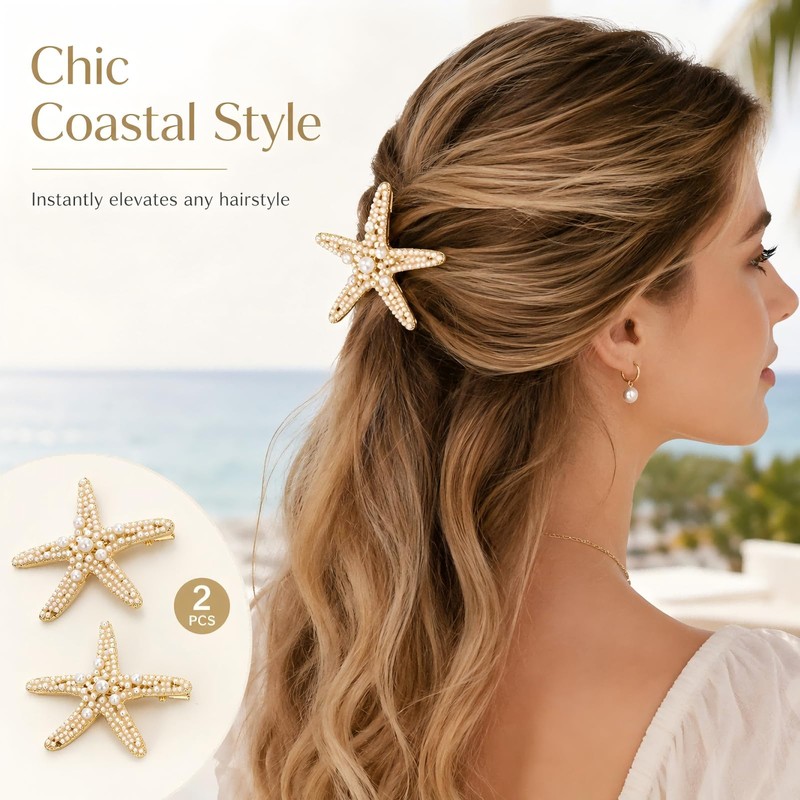 2 Pcs Starfish Pearl Hair Clip Summer Beach Gold Hair