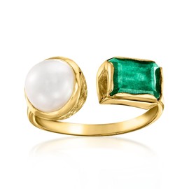 Ross-Simons 8-8.5mm Cultured Pearl and 1.90 Carat Emerald Toi Et Moi Ring in 18kt Gold Over Sterling. Size 9