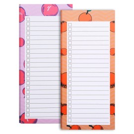 DOETYD 2 Pack Magnetic Shopping List Pad for Fridge 100 Tear Off Sheets Size of 21.4 x 8.8cm Meal List Grocery Notepad Fruit Theme Planner for Weekly Planning (Orange + Pomegranate)