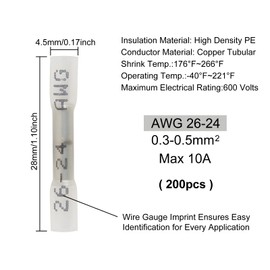 200PCS Heat Shrink Butt Connectors, Insulated Waterproof Butt Connectors 26-24 AWG for Wiring, Marine, Automotive (White)