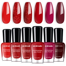 Morovan Red Nail Polish Set: Glitter Bright Burgundy Cherry Red Fingernail Polish Kit Shimmer Sparkle Air Quick Dry Nail Polish Pack for Nail Art Manicure Summer Holiday Party Gift for Women Girls