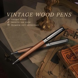 5PCS Wood Ballpoint Pen, Vintage Fancy Journaling Bolígrafo de Madera, Cool Ball Pen with 5 Black Ballpoint Refills, Nice Business Executive Professional Pen for Smooth Writing, Slanted Pen Cap