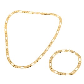 24k Yellow Gold Plated Mens Chain Bracelet Set of Figaro Chain Necklace Bracelet Set