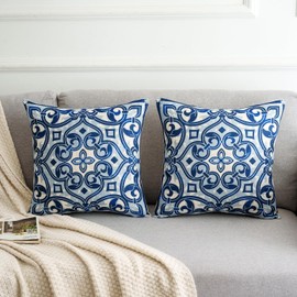 DakTou Boho Cushion Cover, 50 x 50 cm, Blue, Bohemian, Retro, Ethnic Floral Pattern, Geometric Outdoor Cushion, Sofa Cushion, Decorative Cushion Cover for Sofa, Armchair, Home, Bedroom, Set of 2