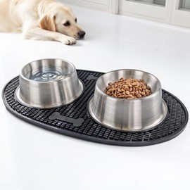 BREKX Stainless Steel Pet Bowls with Non-Slip Waterproof Mat, Premium Rubber Floor Grip and Water Protection, Quiet Bottom, Easy to Clean/Food and Water Catching Prongs, Anti-Tip & Anti-Spill