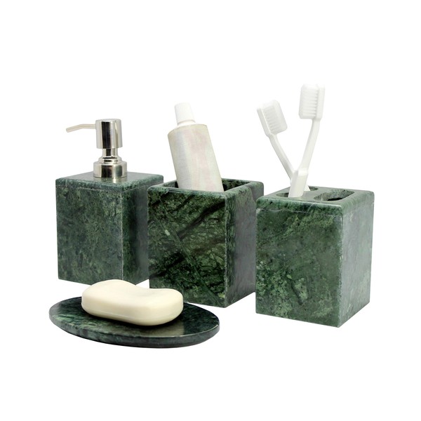 KLEO - Bathroom Accessory Set Made from Natural Stone - Bath Accessories Set of 4 Includes Soap Dispenser, Toothbrush Holder, Tumbler and Soap Dish (Green)