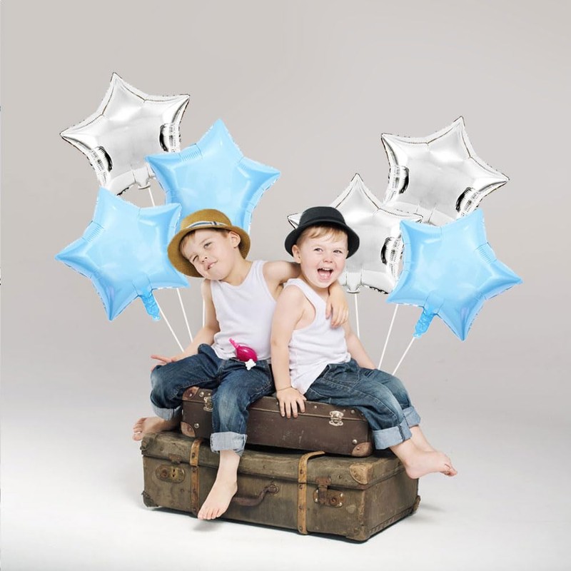 AnnoDeel 20pcs Silver Blue Star Foil Balloons,18inch Silver and light