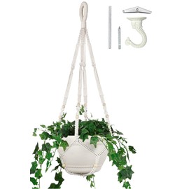 Shineloha 43 Inches Macrame Planter Hanger Large for 12 inch Pot + Swag Hook (Extra Long & Big) | Large Hanging Planter for Indoor Plants | No Tassel, Cotton Rope, NO Pot/Plant Included (Beige)(XL)