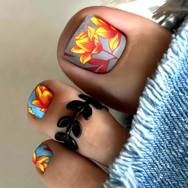 Flower Press on Toenails Short Square Fake Toenails Matte Acrylic Toe Nails Full Cover Toe Nails for Women