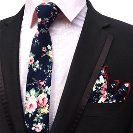 Secdtie - Corbata de algodón para hombre, diseño floral y bolsillo cuadrado, Profundo Azul marino Azul, Talla única