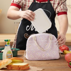 SNDEC Lunch Box for Women, Cute Insulated Lunch Bag for Girls Aesthetic, Vintage Reusable Thermal Lunch Tote Bag for Work, Lunchbox Cooler Bento Bag, School/Picnic/Travel (Daisy Pink)