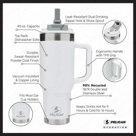HydrationHub USA Pelican Porter™ Dual - 40 oz. Dual Lid, Recycled Double Wall Stainless Steel Travel Tumbler, Bright White