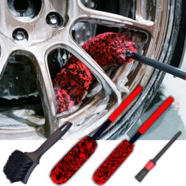 Wheel Brushes for Cleaning Wheels (4 Pro Pack)- 2X Soft Wheel Cleaning Woolies Brush, Detailing Brush and Stiff Tire Brush, Scratch Free Durable Car Wheel Rim Brush Kit for Car Rim and Tire Detailing