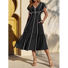 Wenrine Womens Summer V Neck Midi Dress Casual Ruffle Sleeve Contrast Color Loose Fit Flowy Long Dresses Black
