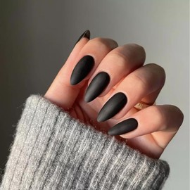 Matte Black Press on Nails Almond Shaped Nails Press ons, Medium Fake Nails Almond Acrylic Nails Glue on Nail Medium Length False Nail for Women Thick Natural Gel Stiletto 24Pcs