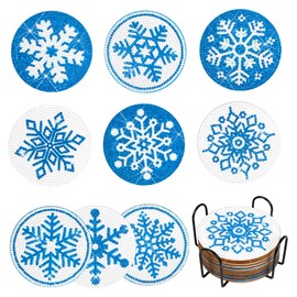 Fennoral 9 Pack Winter Snowflake Diamonds Painting Coasters with Holder Winter Diamonds Painting Winter Diamond Art Coasters for Adults Kids Beginners Diamond Art DIY Craft Supplies Party Gift