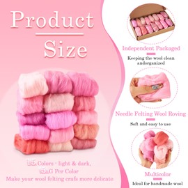 Boutigem 15 Colors 75G Pink Needle Felting Wool Roving, DIY Craft Spinning Wool Roving for Needle Felting, Wool Felting Supplies Chunky Yarn for Beginners DIY Hand Spinning, Weaving and Blending
