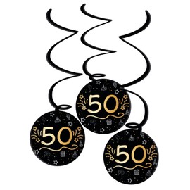 Folat 25063 Party Decoration Black Gold Silver Hanging Decoration 50 Shiny Glam Pack of 3 for Birthday, Anniversary, 50 Years