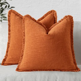 MIULEE Set of 2 Fall Linen Throw Pillow Covers Decorative Boho Square with Tassels Farmhouse Cushion Covers Orange Accent Pillowcase with Fringe for Couch Sofa Bed Living Room Spring 20x20 Inch