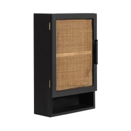 Kate and Laurel Ori Transitional Cane Wall Cabinet with Door, 15 x 7 x 24, Black and Natural Rattan, Decorative Rattan Over The Toilet Cabinet with Two Shelves and Bonus Storage Cubby