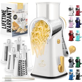 Zulay Kitchen Rotary Cheese Grater 5 Blade Cheese Shredder - Manual Hand Crank Cheese Grater With Reinforced Suction & 5 Interchangeable Drums - Easy to Use, Vegetable Chopper Round Mandoline Slicer