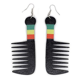 Teri's Boutique Black African American Jamaican Afro Hair Comb Rasta Color Details Wood Light Weight Long Dangle Drop Fashion Earrings