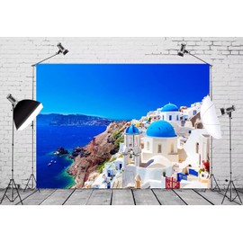 CORFOTO Fabric 7x5ft City Backdrop Photography Greece Aegean Sea Oia City Santorini Island Blue Dome White House Landscape Bridal Shower Birthday Party Room Decor Background Wedding