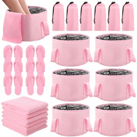FillTouch 6 Sets 15L Pink Foot Bath Kit Collapsible Foot Soaking Tub with Storage Bag, Bathroom Towels, Foldable Slippers Spa Soak Pedicure Bath Portable Pedicure Tub for Travel, Camping, Home Spa