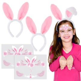 BOOMTOP Pack of 2 Rabbit Ears Headband Plush Easter Rabbit Ears Hair Bands with 2 Rabbit Face Tattoos Rabbit Headbands Hair Accessories Bunny Face Art Sticker Tattoos for Easter Carnival Fancy Dress