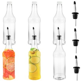 Boocalny 6 Pcs 32oz Plastic Long Neck Bottles with 6 Pcs Pourer and Caps,1000ml Plastic Juice Pour Bottles with Stainless Steel Bottle Pourer,Clear Empty Syrup Liquor Bottle with Tapered Spout for Bar