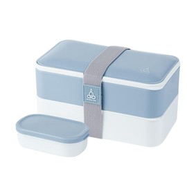 Restaurantware Bento Tek 40.5 Ounces Stackable Lunch Box 1 Reusable Adult Lunch Container - With Utensils Included Sauce Cup Blue & White Plastic Layered Lunch Box Microwavable Dishwashable