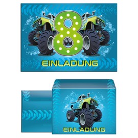 12 Invitation Cards Including 12 Envelopes 8th Birthday Children Boy Monster Truck Blue Monster Truck Car Invitations Eighth Children's Birthday Party for Boys