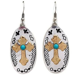 Cross with Turquoise Bead Southwestern Design Silver Plate Earrings (Gold)