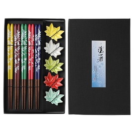 5 Pairs Wooden Chopsticks with Chopsticks Shelves, Sushi Chopsticks Set Maple Leaf Chopsticks with Gift Box, Reusable Chopsticks, Asian Cutlery with 5 Ceramic Chopsticks Pads