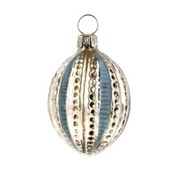 Glass Ornament Egg with Nubs and Blue Stripes, Patinated
