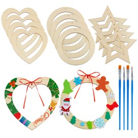 12 Pieces Wooden Christmas Wreath Pentagram Circle Heart Wreath Creative Hanging Craft Wreaths with 4 Painting Brushes for Boys Girls DIY Crafts Christmas Party Home Decoration