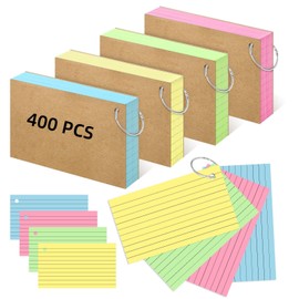 400 Pcs Revision Cards & Flash Cards Ruled Index Notecards with 4 Metal Binder Rings Multicolor Kraft Paper Study Cue Cards for School, Home & Office Exam Prep