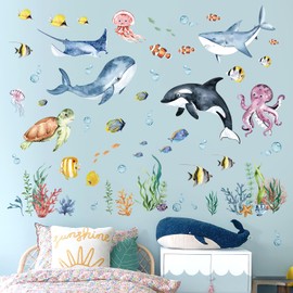 decalmile Under The Sea Watercolor Fish Wall Decals Ocean Dolphin Sea Turtle Seaweed Wall Stickers Living Room Bedroom Bathroom Wall Decor