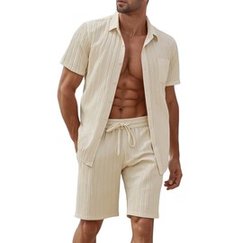 Men's Short Sets 2 Piece Summer Beach Outfits Button Down Texture Pocket Shirts and Shorts Set Beige 3XL