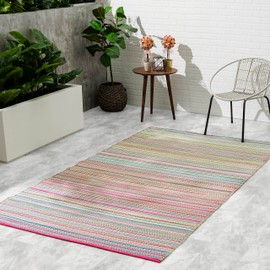 Fab Habitat Striped Outdoor Rug - Waterproof, Fade Resistant, Crease-Free, Reversible - Premium Recycled Plastic - Patio Porch Balcony Deck - Cancun Candy - 8x10 ft