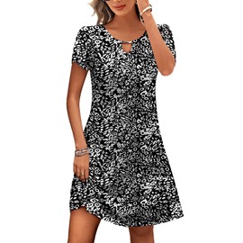 HOTOUCH Dresses for Women 2024 Casual Summer Sundress Short Sleeve Shift Dress with Pockets Petite Dress for Women Vacation Dresses Dark-White Medium