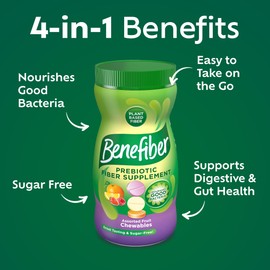 Benefiber Chewable Prebiotic Fiber Supplement Tablets for Digestive Health, Assorted Fruit Flavors - 100 Count