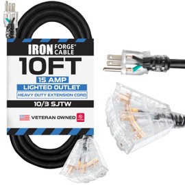 Iron Forge Cable 10 Gauge Extension Cord 10 Ft with 3 Outlets, SJTW 10/3 Heavy Duty Outdoor Extension Cord with Multiple Outlets 10ft, 15 AMP Black Outdoor Cable for Major Appliances, US Veteran Owned