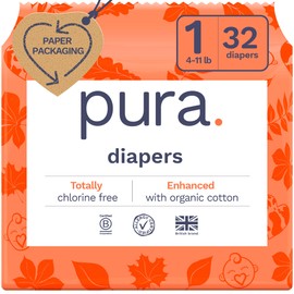 Pura Pura Hypoallergenic Diapers, Size 1 (4-11 lbs), Newborn, Totally Chlorine Free, Wetness Indicator, Suitable for Sensitive Skin, Soft Organic Cotton Comfort, Overnight, 1 Pack of 32 Baby Diapers
